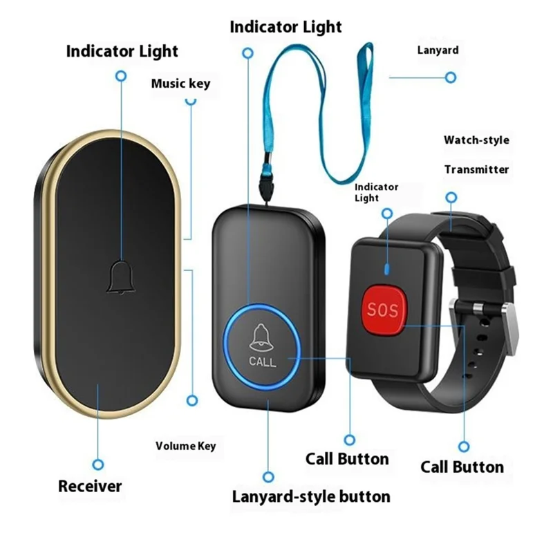 A18 Dla osób starszych przycisk SOS do awaryjnego wołania, 60 melodii, regulacja głośności, bezprzewodowy system alarmowy 300 m, 1 przycisk zegarkowy + 1 odbiornik z wtykiem UE – Czarny+Złoty