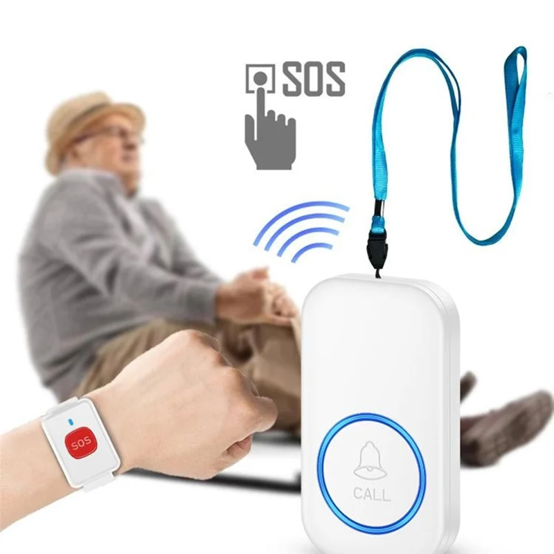 A18 Dla osób starszych przycisk SOS do awaryjnego wołania, 60 melodii, regulacja głośności, bezprzewodowy system alarmowy 300 m, 1 przycisk zegarkowy + 1 odbiornik z wtykiem UE – Czarny+Złoty