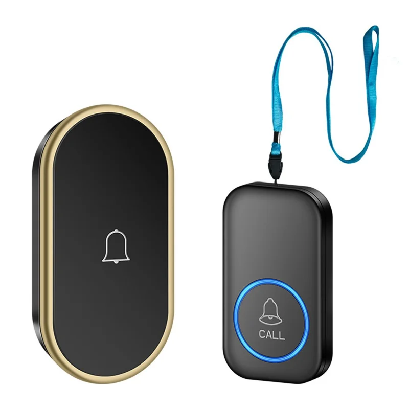 A18 Dla osób starszych przycisk SOS do awaryjnego wołania, 60 melodii, regulacja głośności, bezprzewodowy system alarmowy 300 m, 1 przycisk na sznurku + 1 odbiornik z wtykiem UE – Czarny+Złoty