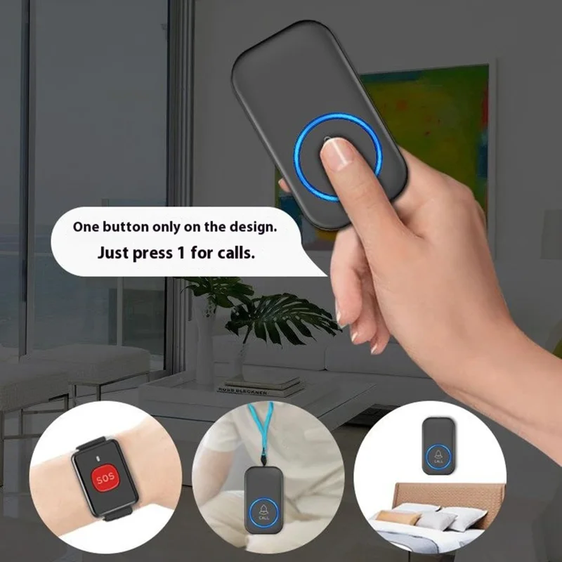 A18 Dla osób starszych przycisk SOS do awaryjnego wołania, 60 melodii, regulacja głośności, bezprzewodowy system alarmowy 300 m, 1 przycisk na sznurku + 1 odbiornik z wtykiem UE – Czarny+Złoty