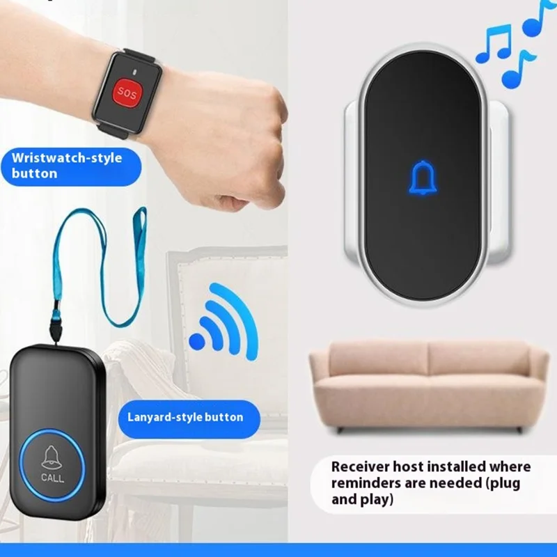 A18 Dla osób starszych przycisk SOS do awaryjnego wołania, 60 melodii, regulacja głośności, bezprzewodowy system alarmowy 300 m, 1 przycisk na sznurku + 1 odbiornik z wtykiem UE – Czarny+Złoty