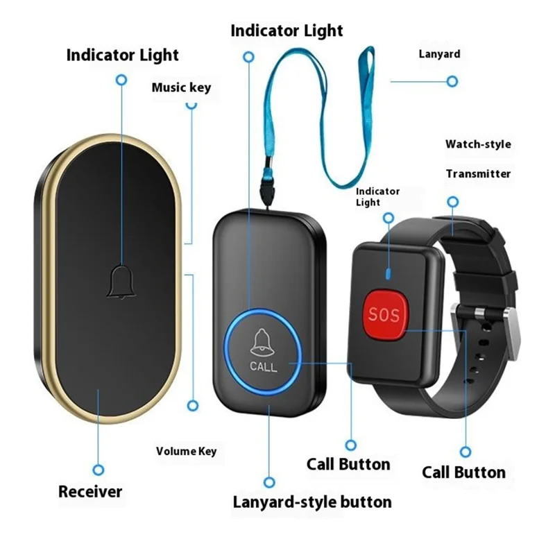 A18 Dla osób starszych przycisk SOS do awaryjnego wołania, 60 melodii, regulacja głośności, bezprzewodowy system alarmowy 300 m, 1 przycisk na sznurku + 1 odbiornik z wtykiem UE – Czarny+Złoty