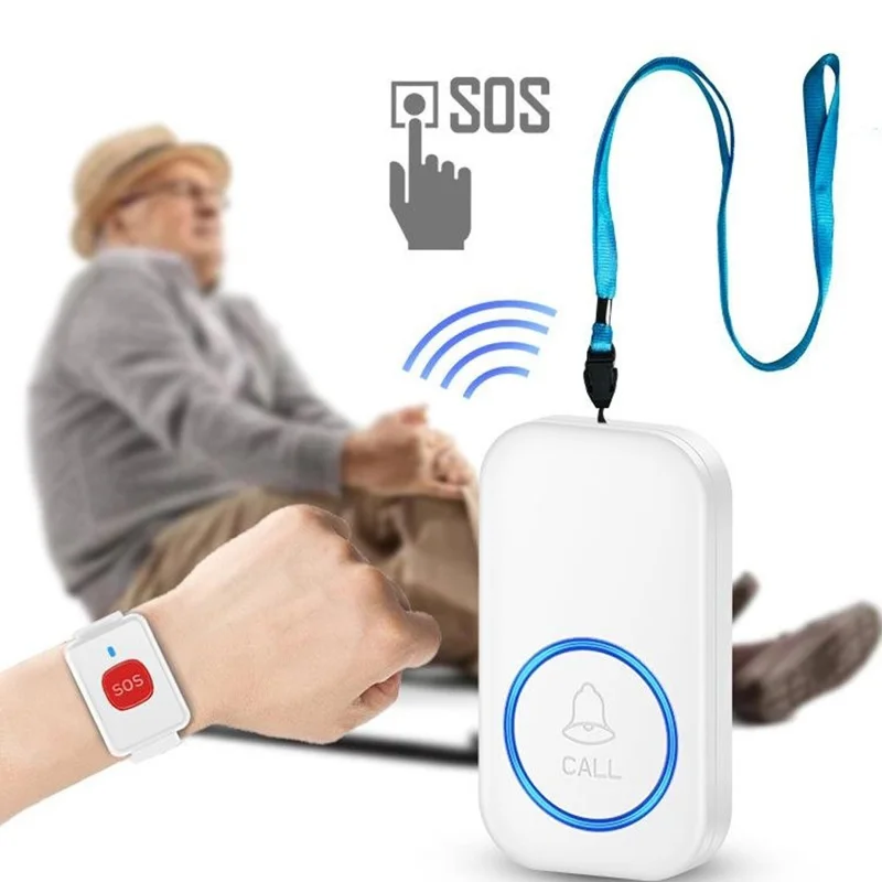 A18 Dla osób starszych przycisk SOS do awaryjnego wołania, 60 melodii, regulacja głośności, bezprzewodowy system alarmowy 300 m, 1 przycisk na sznurku + 1 odbiornik z wtykiem UE – Czarny+Złoty