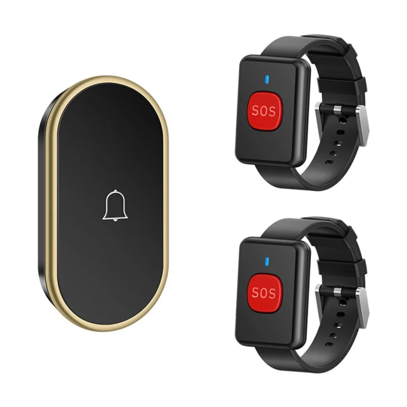 A18 Dla osób starszych przycisk SOS do awaryjnego wołania, 60 melodii, regulacja głośności, bezprzewodowy system alarmowy 300 m, 2 przyciski w formie zegarka + 1 odbiornik z wtykiem UE – Czarny+Złoty