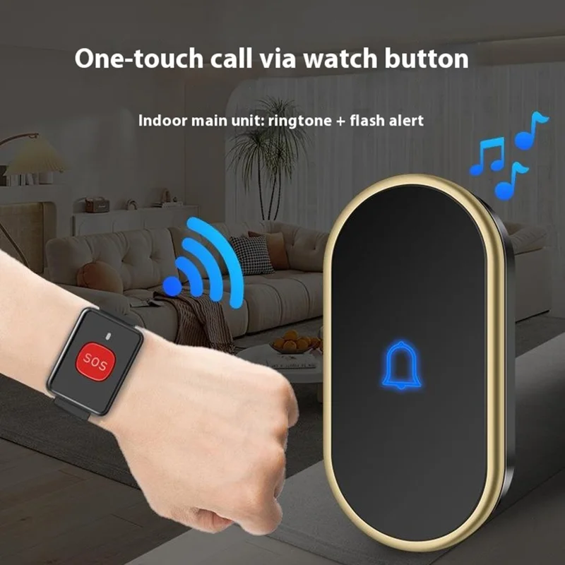 A18 Dla osób starszych przycisk SOS do awaryjnego wołania, 60 melodii, regulacja głośności, bezprzewodowy system alarmowy 300 m, 2 przyciski w formie zegarka + 1 odbiornik z wtykiem UE – Czarny+Złoty