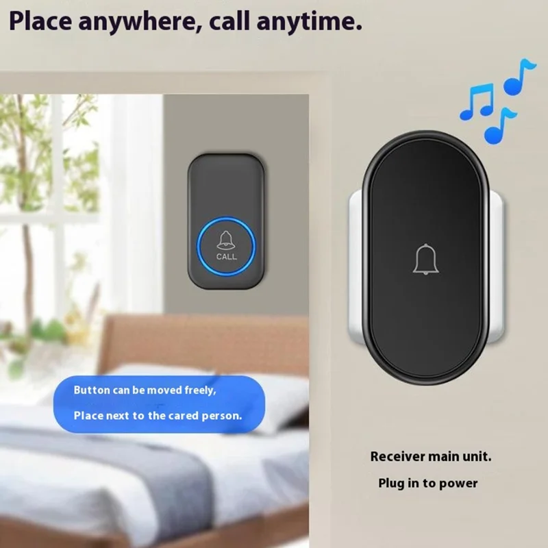 A18 Dla osób starszych przycisk SOS do awaryjnego wołania, 60 melodii, regulacja głośności, bezprzewodowy system alarmowy 300 m, 2 przyciski w formie zegarka + 1 odbiornik z wtykiem UE – Czarny+Złoty