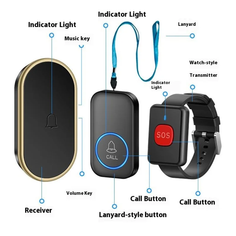 A18 Dla osób starszych przycisk SOS do awaryjnego wołania, 60 melodii, regulacja głośności, bezprzewodowy system alarmowy 300 m, 2 przyciski w formie zegarka + 1 odbiornik z wtykiem UE – Czarny+Złoty
