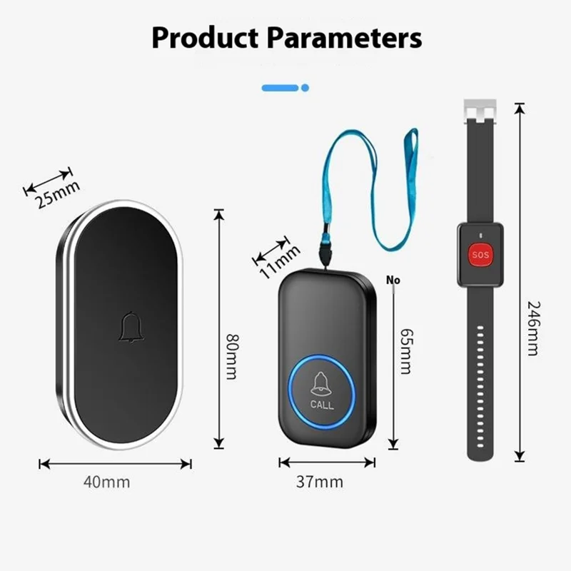 A18 Dla osób starszych przycisk SOS do awaryjnego wołania, 60 melodii, regulacja głośności, bezprzewodowy system alarmowy 300 m, 2 przyciski w formie zegarka + 1 odbiornik z wtykiem UE – Czarny+Złoty