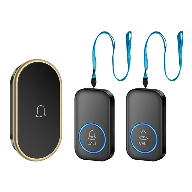 A18 Voor Ouderen SOS Noodoproepknop 60 Melodieën Instelbaar Volume 300m Draadloos Alarmsysteem, 2 Hangkoordknoppen + 1 EU Stroomontvanger - Zwart+Goud