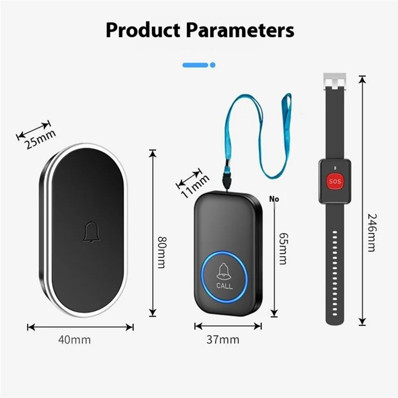 A18 Voor Ouderen SOS Noodoproepknop 60 Melodieën Instelbaar Volume 300m Draadloos Alarmsysteem, 2 Hangkoordknoppen + 1 EU Stroomontvanger - Zwart+Goud