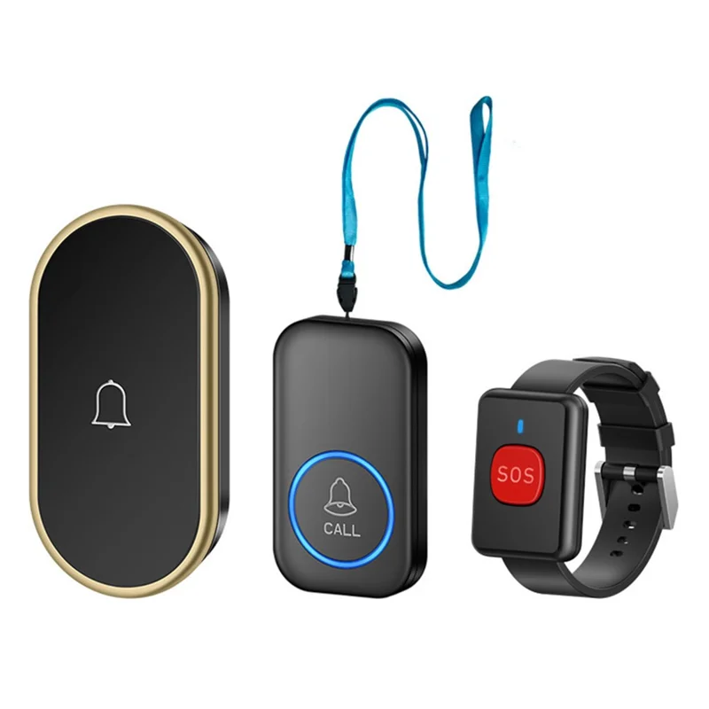 A18 Dla osób starszych przycisk SOS do awaryjnego wezwania 60 melodii 300 m bezprzewodowy system alarmowy, 1 przycisk zegarkowy + 1 przycisk na sznurku + 1 odbiornik z wtykiem UE - Czarny+Złoty