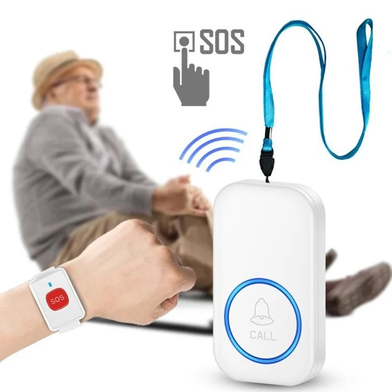 A18 Dla osób starszych przycisk SOS do awaryjnego wezwania 60 melodii 300 m bezprzewodowy system alarmowy, 1 przycisk zegarkowy + 1 przycisk na sznurku + 1 odbiornik z wtykiem UE - Czarny+Złoty