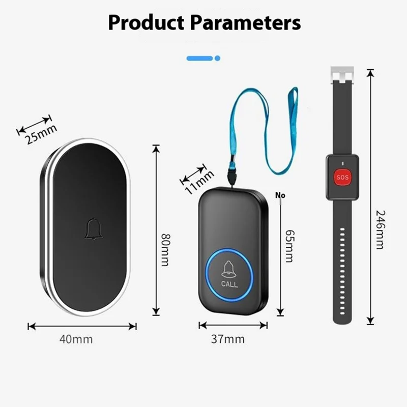 A18 Dla osób starszych przycisk SOS do awaryjnego wezwania 60 melodii 300 m bezprzewodowy system alarmowy, 1 przycisk zegarkowy + 1 przycisk na sznurku + 1 odbiornik z wtykiem UE - Czarny+Złoty