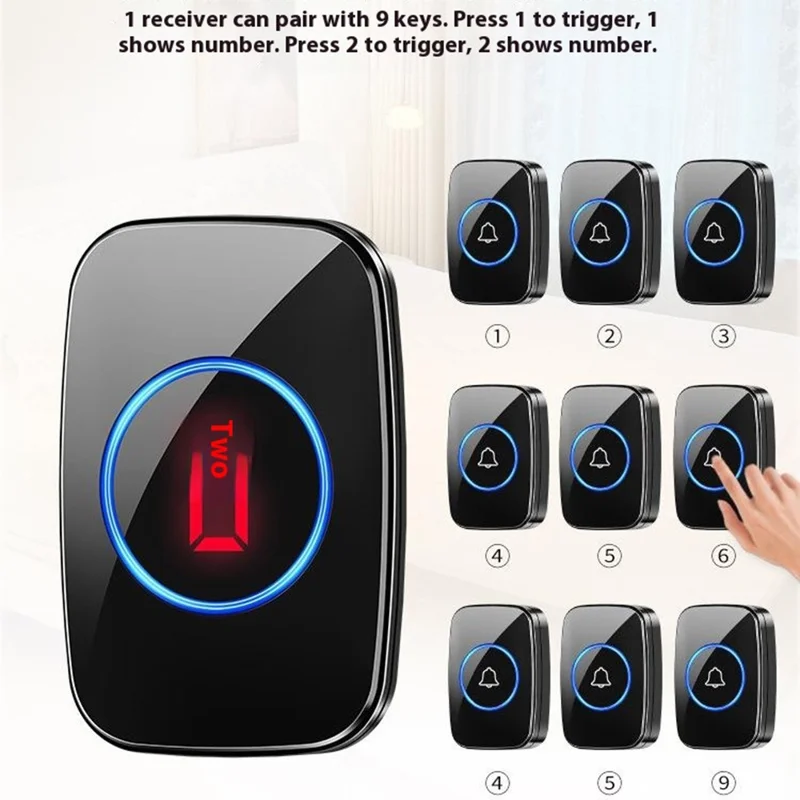 A10 Digital Display Wireless Calling System 60 Melodies Restaurant Pager Long Range Service Bell, 8 Transmitters + 1 Receiver - EU Plug