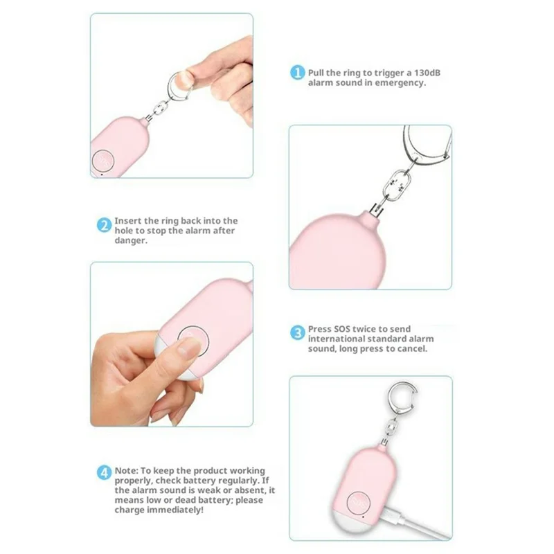 B300 Linterna de Alarma Personal Recargable Dispositivo Inteligente Anti-Lobo Seguridad Personal Exterior - Rosa
