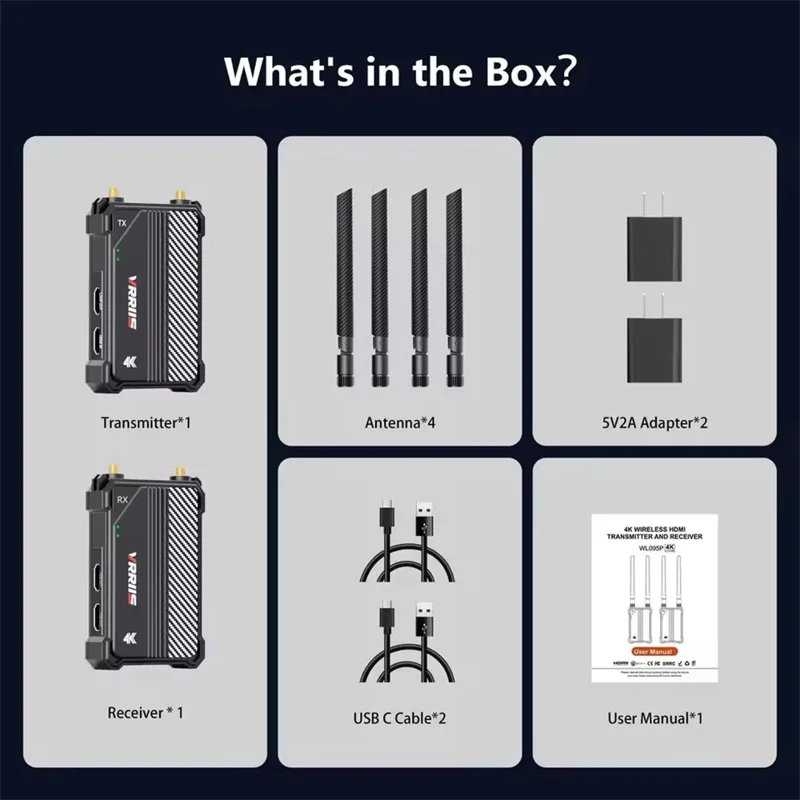 VRRIIS WL095 P 4K Ultra HD Trådløs Sender og Modtager Kit 350 m Rækkevidde Dobbeltbånd Lav Latens - US Stik