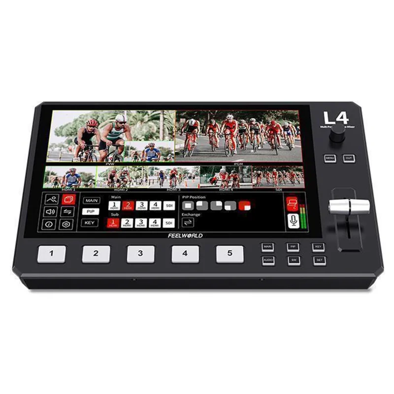 FEELWORLD L4 10,1 tum Touchscreen HD SDI Videoswitch / Streamingmixer / Multikamera Liveswitch för professionell sändning – US-uttag