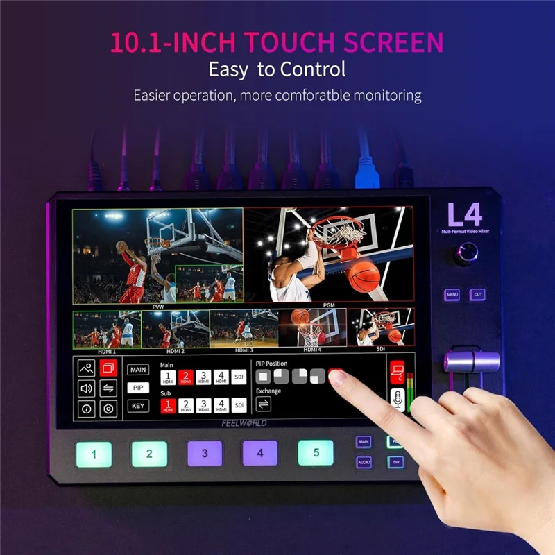 FEELWORLD L4 10,1 tum Touchscreen HD SDI Videoswitch / Streamingmixer / Multikamera Liveswitch för professionell sändning – US-uttag