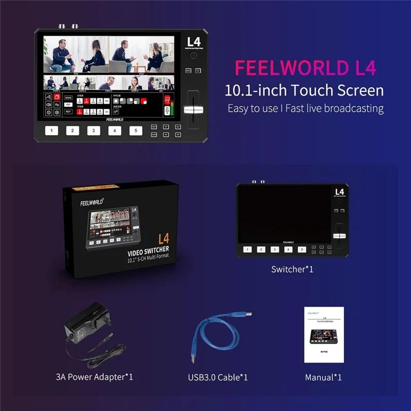 FEELWORLD L4 10,1 tum Touchscreen HD SDI Videoswitch / Streamingmixer / Multikamera Liveswitch för professionell sändning – US-uttag