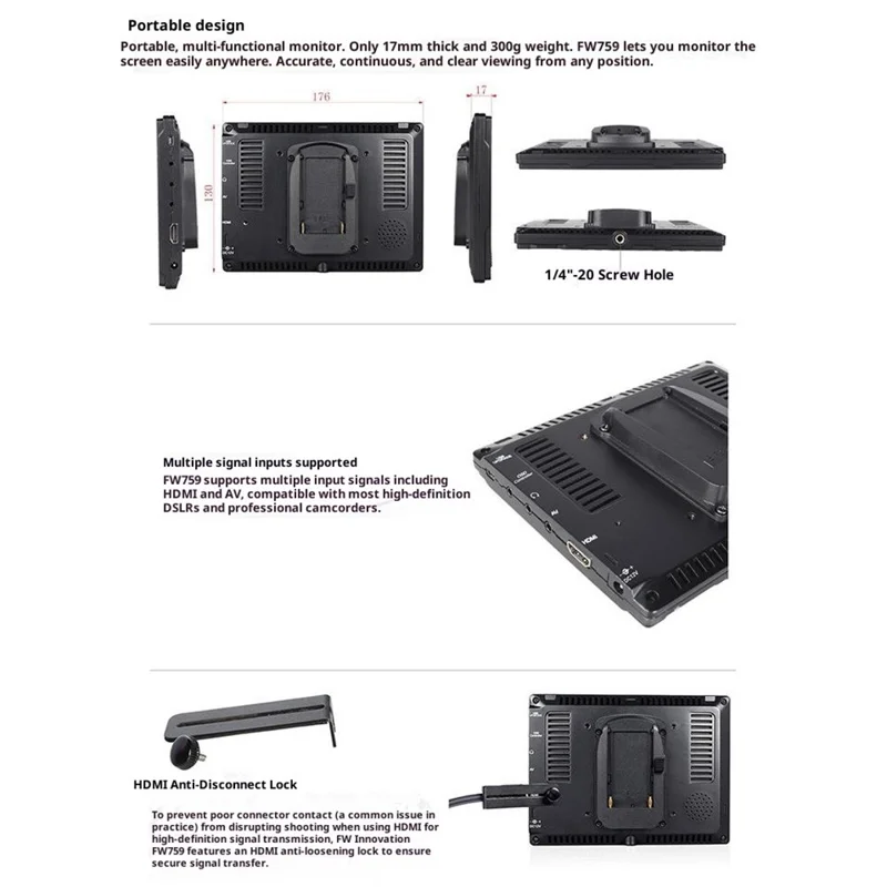 FEELWORLD FW759 7-Inch HD Photography Monitor 4K Display Screen External Monitor for DSLR / Mirrorless Cameras