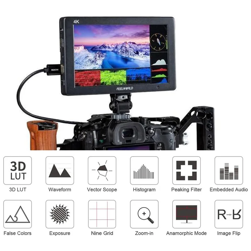FEELWORLD T7 Plus 7 Inch Director Monitor 4K HD Waveform External Display Screen Monitor with Sun Hood