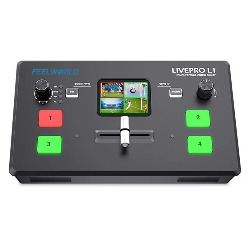 FEELWORLD LIVEPRO L1 V1 USB 3.0 Multi-kamera Live Streaming Video Switcher med 2-tommer TFT-skærm, 4 HD-inputs og APP-styring - US-stik