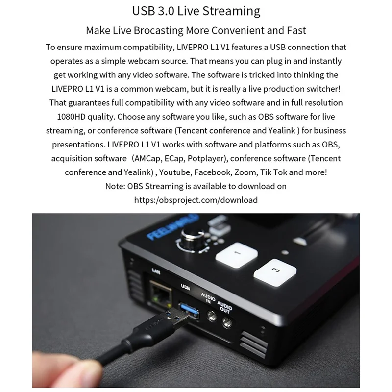 FEELWORLD LIVEPRO L1 V1 USB 3.0 Multi-kamera Live Streaming Video Switcher med 2-tommer TFT-skærm, 4 HD-inputs og APP-styring - US-stik