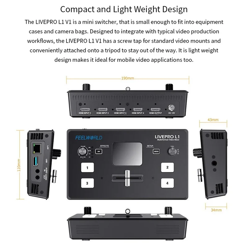 FEELWORLD LIVEPRO L1 V1 USB 3.0 Multi-kamera Live Streaming Video Switcher med 2-tommer TFT-skærm, 4 HD-inputs og APP-styring - US-stik