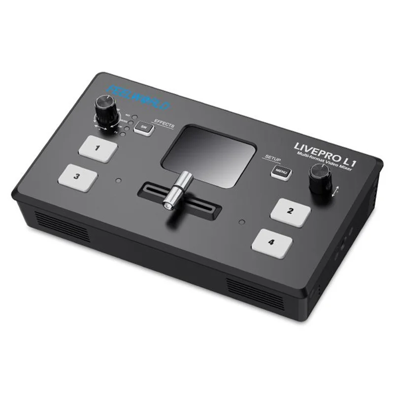FEELWORLD LIVEPRO L1 V1 USB 3.0 Multi-kamera Live Streaming Video Switcher med 2-tommer TFT-skærm, 4 HD-inputs og APP-styring - US-stik