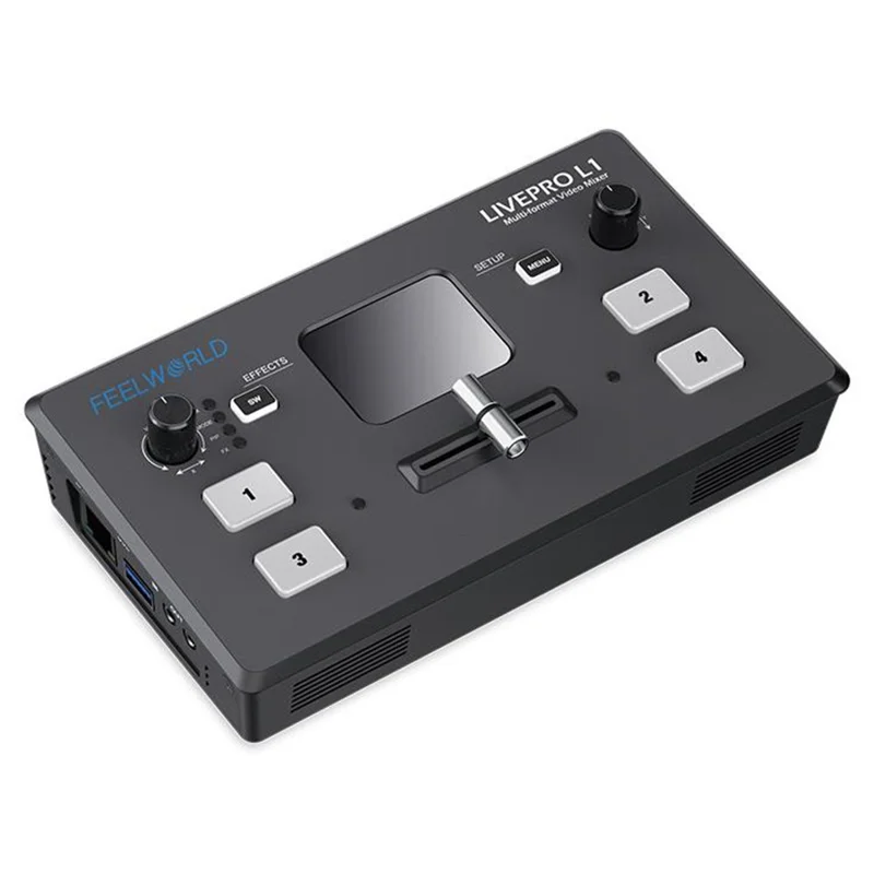 FEELWORLD LIVEPRO L1 V1 USB 3.0 Multi-kamera Live Streaming Video Switcher med 2-tommer TFT-skærm, 4 HD-inputs og APP-styring - US-stik