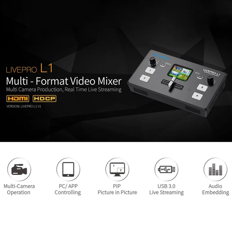 FEELWORLD LIVEPRO L1 V1 USB 3.0 Multi-kamera Live Streaming Video Switcher med 2-tommer TFT-skærm, 4 HD-inputs og APP-styring - US-stik
