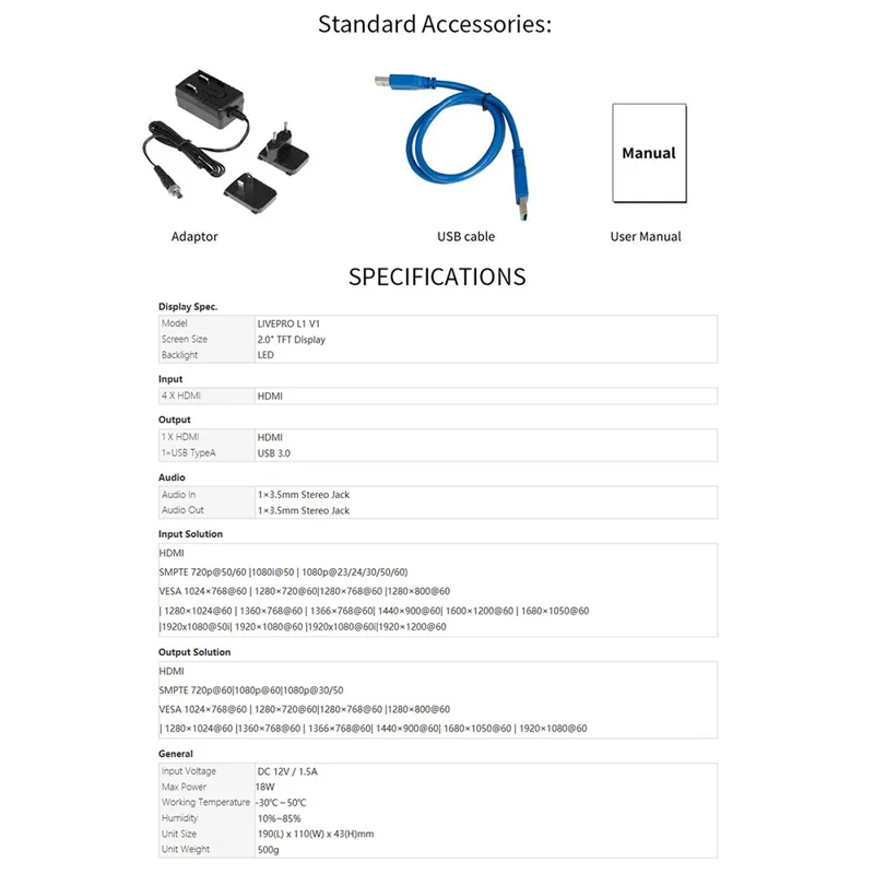 FEELWORLD LIVEPRO L1 V1 USB 3.0 Multi-kamera Live Streaming Video Switcher med 2-tommer TFT-skærm, 4 HD-inputs og APP-styring - US-stik