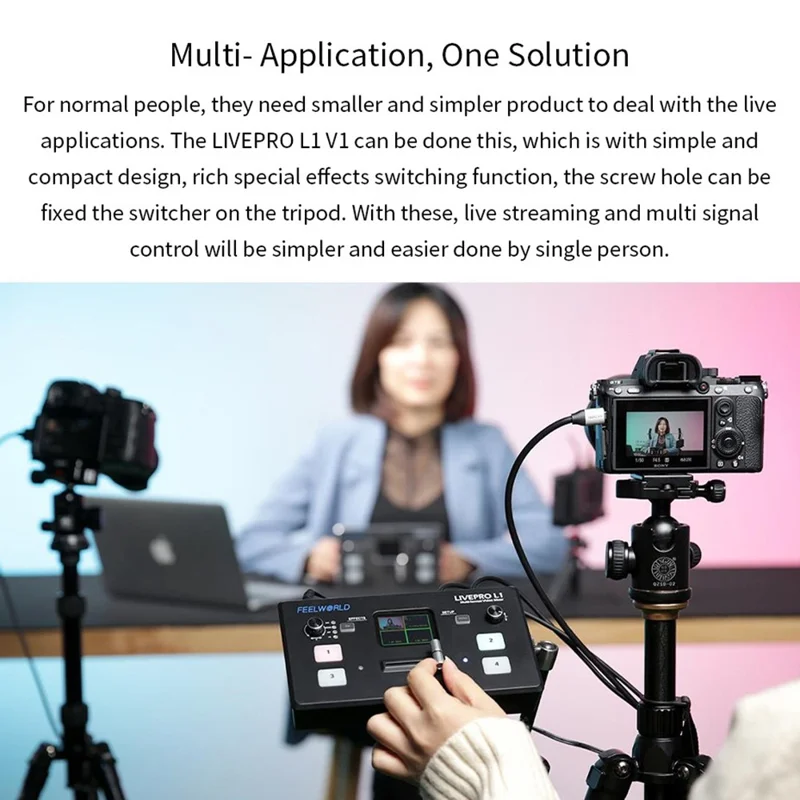 FEELWORLD LIVEPRO L1 V1 USB 3.0 Multi-kamera Live Streaming Video Switcher med 2-tommer TFT-skærm, 4 HD-inputs og APP-styring - US-stik