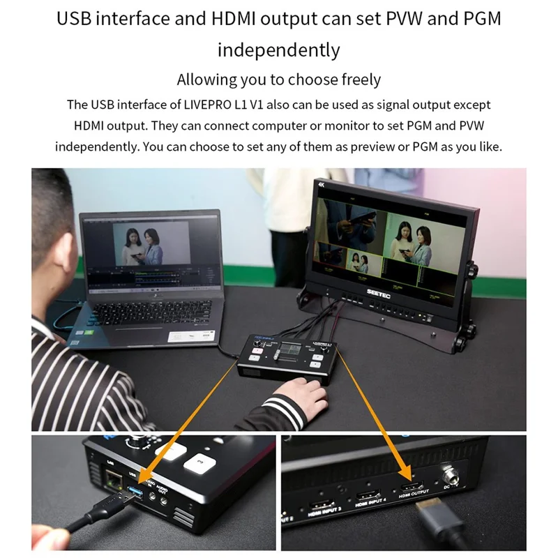 FEELWORLD LIVEPRO L1 V1 USB 3.0 Multi-kamera Live Streaming Video Switcher med 2-tommer TFT-skærm, 4 HD-inputs og APP-styring - US-stik