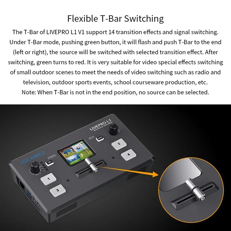 FEELWORLD LIVEPRO L1 V1 USB 3.0 Multi-kamera Live Streaming Video Switcher med 2-tommer TFT-skærm, 4 HD-inputs og APP-styring - US-stik