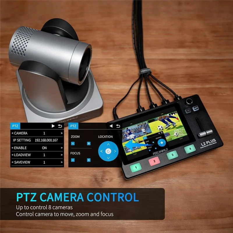 FEELWORLD L2 Plus Multi-kamera Live-streaming Videoswitch med 5,5 tommer Touchscreen, 4 HD-inputs, PTZ-styring - US-stik