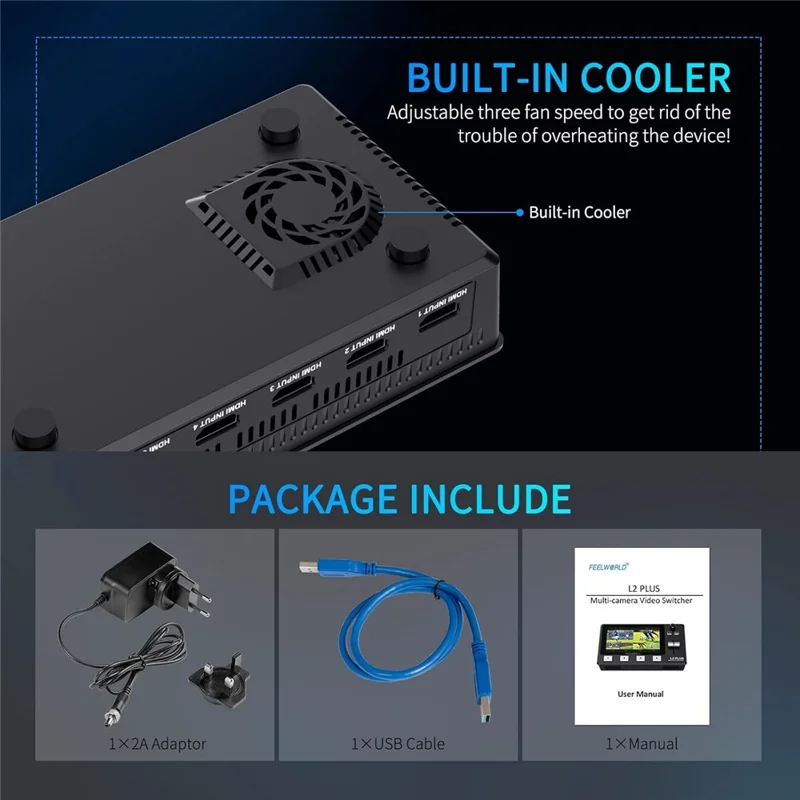 FEELWORLD L2 Plus Multi-kamera Live-streaming Videoswitch med 5,5 tommer Touchscreen, 4 HD-inputs, PTZ-styring - US-stik