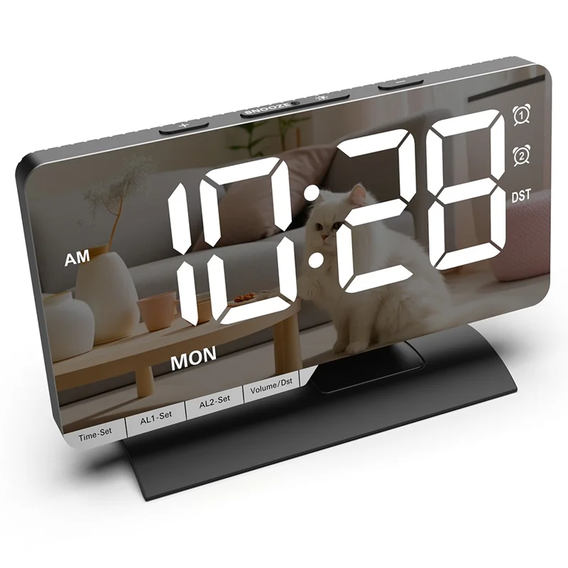 EN8836-A Weekday Display Large Screen Dimmable LED Mirror Digital Alarm Clock with DST Function and Dual Charging Ports - Black