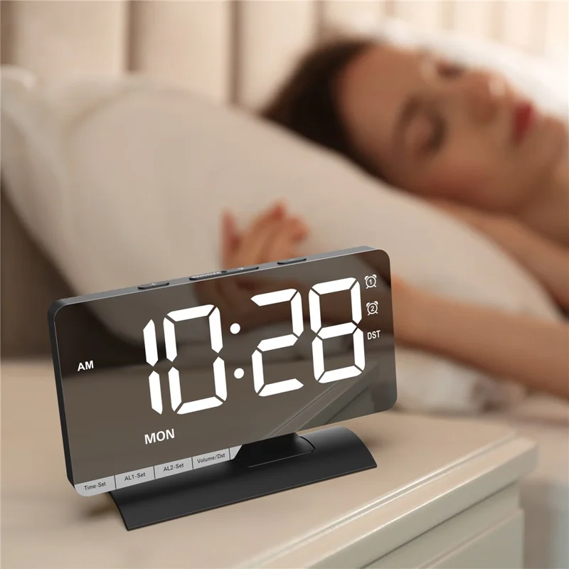 EN8836-A Weekday Display Large Screen Dimmable LED Mirror Digital Alarm Clock with DST Function and Dual Charging Ports - Black