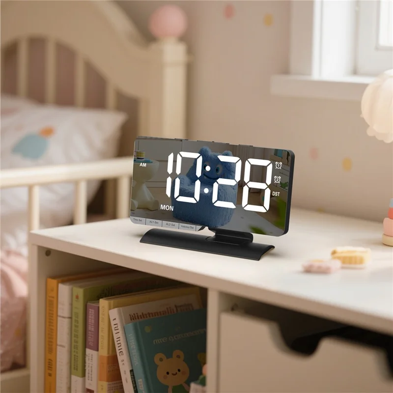 EN8836-A Weekday Display Large Screen Dimmable LED Mirror Digital Alarm Clock with DST Function and Dual Charging Ports - Black