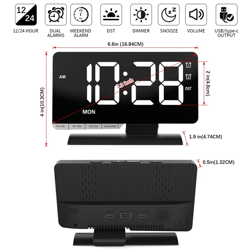 EN8836-A Weekday Display Large Screen Dimmable LED Mirror Digital Alarm Clock with DST Function and Dual Charging Ports - Black
