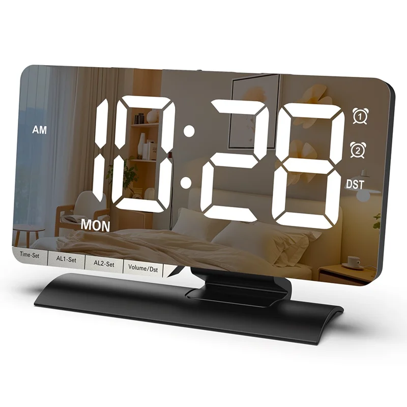 EN8836-A Weekday Display Large Screen Dimmable LED Mirror Digital Alarm Clock with DST Function and Dual Charging Ports - Black