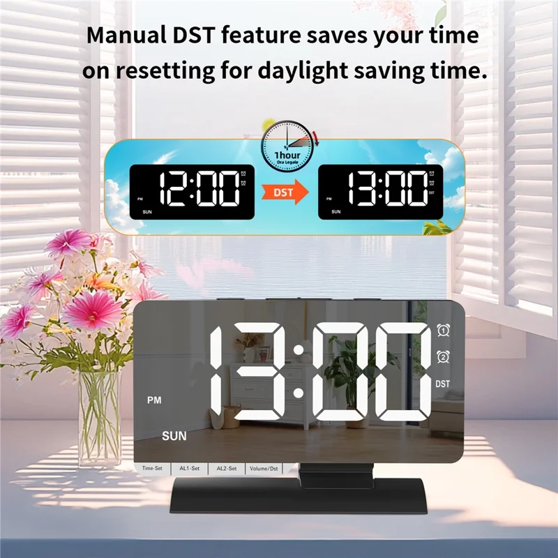 EN8836-A Weekday Display Large Screen Dimmable LED Mirror Digital Alarm Clock with DST Function and Dual Charging Ports - Black