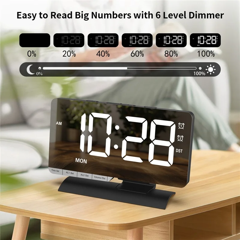 EN8836-A Weekday Display Large Screen Dimmable LED Mirror Digital Alarm Clock with DST Function and Dual Charging Ports - Black