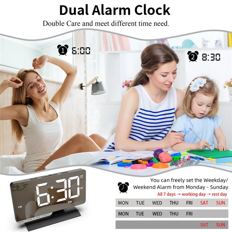 EN8836-A Weekday Display Large Screen Dimmable LED Mirror Digital Alarm Clock with DST Function and Dual Charging Ports - Black