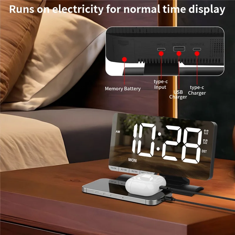 EN8836-A Weekday Display Large Screen Dimmable LED Mirror Digital Alarm Clock with DST Function and Dual Charging Ports - Black