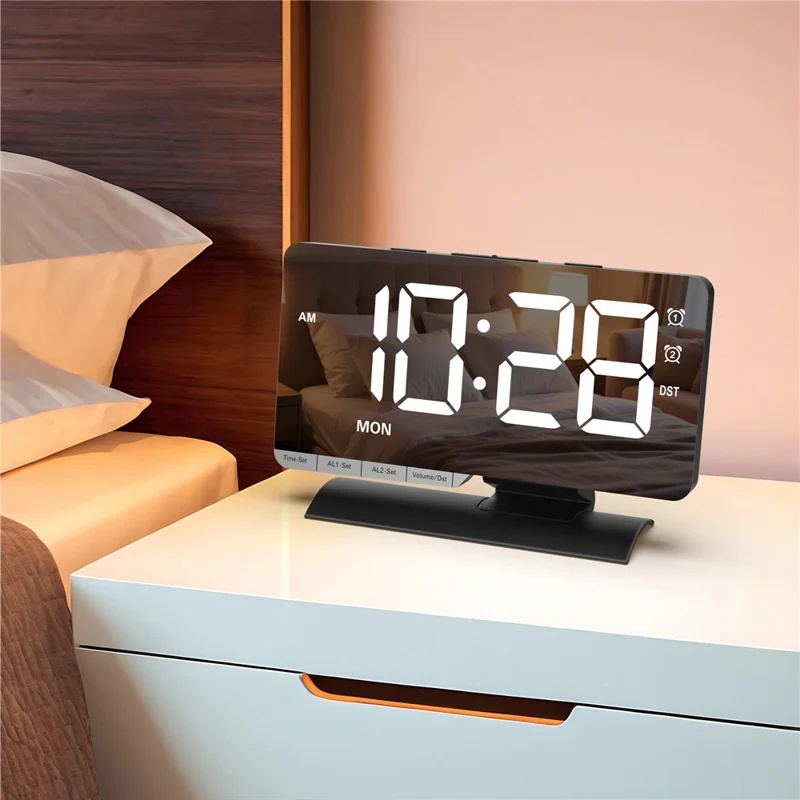 EN8836-A Weekday Display Large Screen Dimmable LED Mirror Digital Alarm Clock with DST Function and Dual Charging Ports - Black