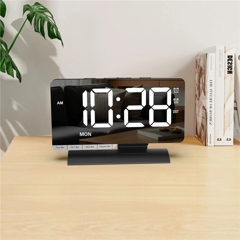EN8836-A Weekday Display Large Screen Dimmable LED Mirror Digital Alarm Clock with DST Function and Dual Charging Ports - Black