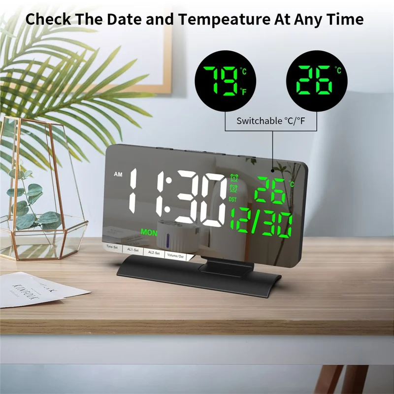 EN8836-B LED Digital Alarm Clock with DST Function Perpetual Calendar Temperature Week Display Desk Clock - Black