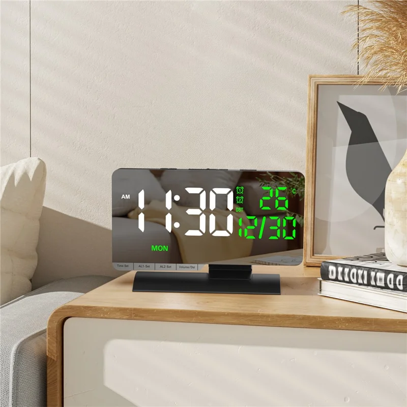 EN8836-B LED Digital Alarm Clock with DST Function Perpetual Calendar Temperature Week Display Desk Clock - Black